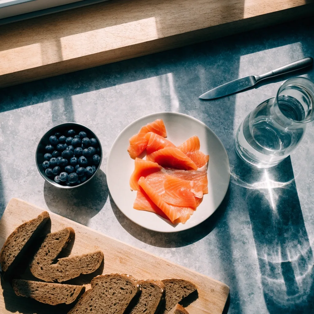 Overhead view of a Finnish kitchen counter with rye bread, cured salmon, blueberries and a glass carafe in cool daylight