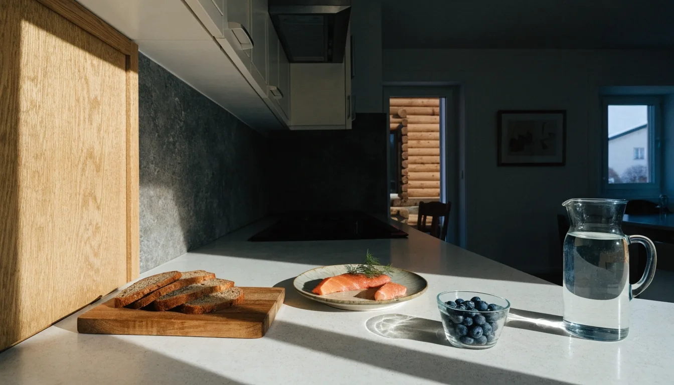 A close still life of blank index cards, a bowl of blueberries, water and a wool sleeve on a wooden table