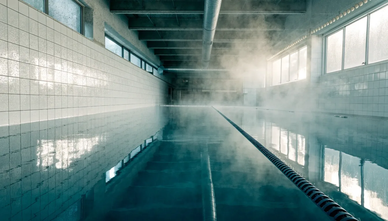 Still pool water and condensation on white tile inside a Finnish swimming hall at noon