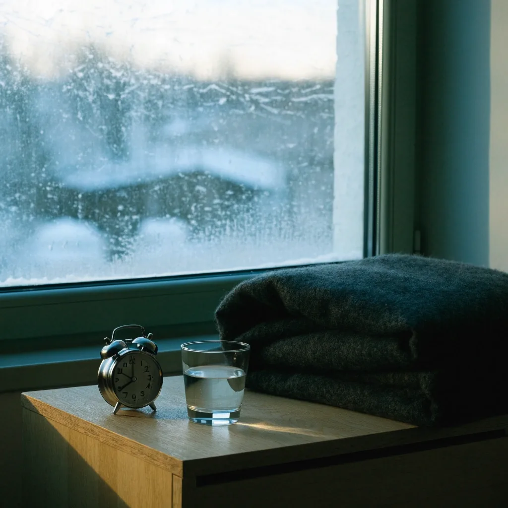 A Nordic bedroom at first light with pale shutters half open and cool daylight across the sheets