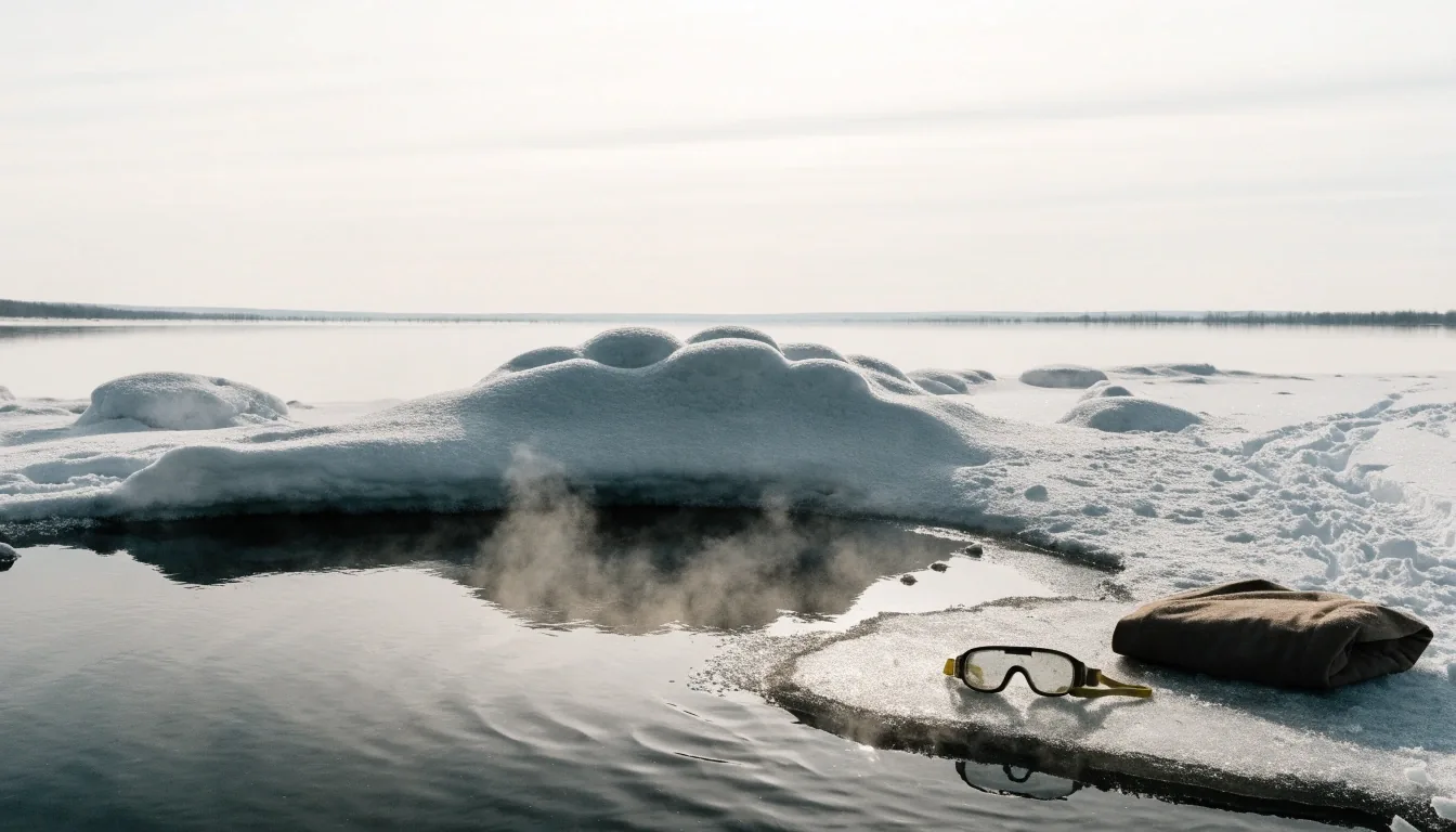 A Finnish winter shoreline at noon with steam rising from a hole cut in the ice and a coat resting on the snow