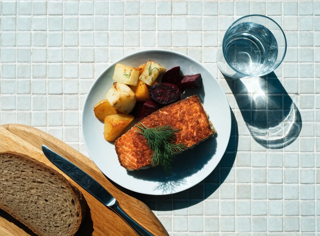 Baked salmon with root vegetables and rye bread plated on a pale kitchen counter