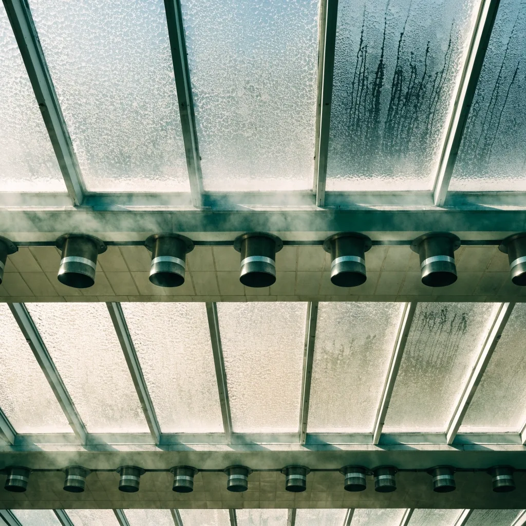 Condensation across the skylights and tiled ceiling of a Finnish public bathhouse at midday
