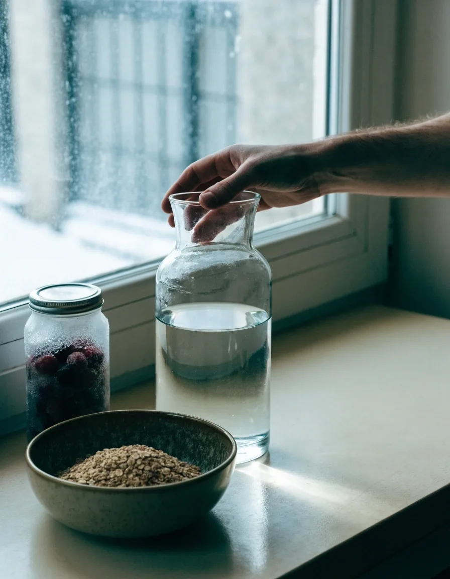 Rye oats, a water carafe, and frozen berries laid out on a worktop before a meal is planned